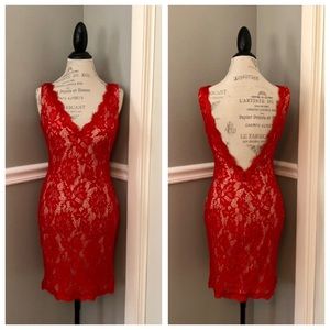 NEW JOVANI VALENTINES SZ 0 RED LACE NUDE ILLUSION FORMAL COCKTAIL DRESS